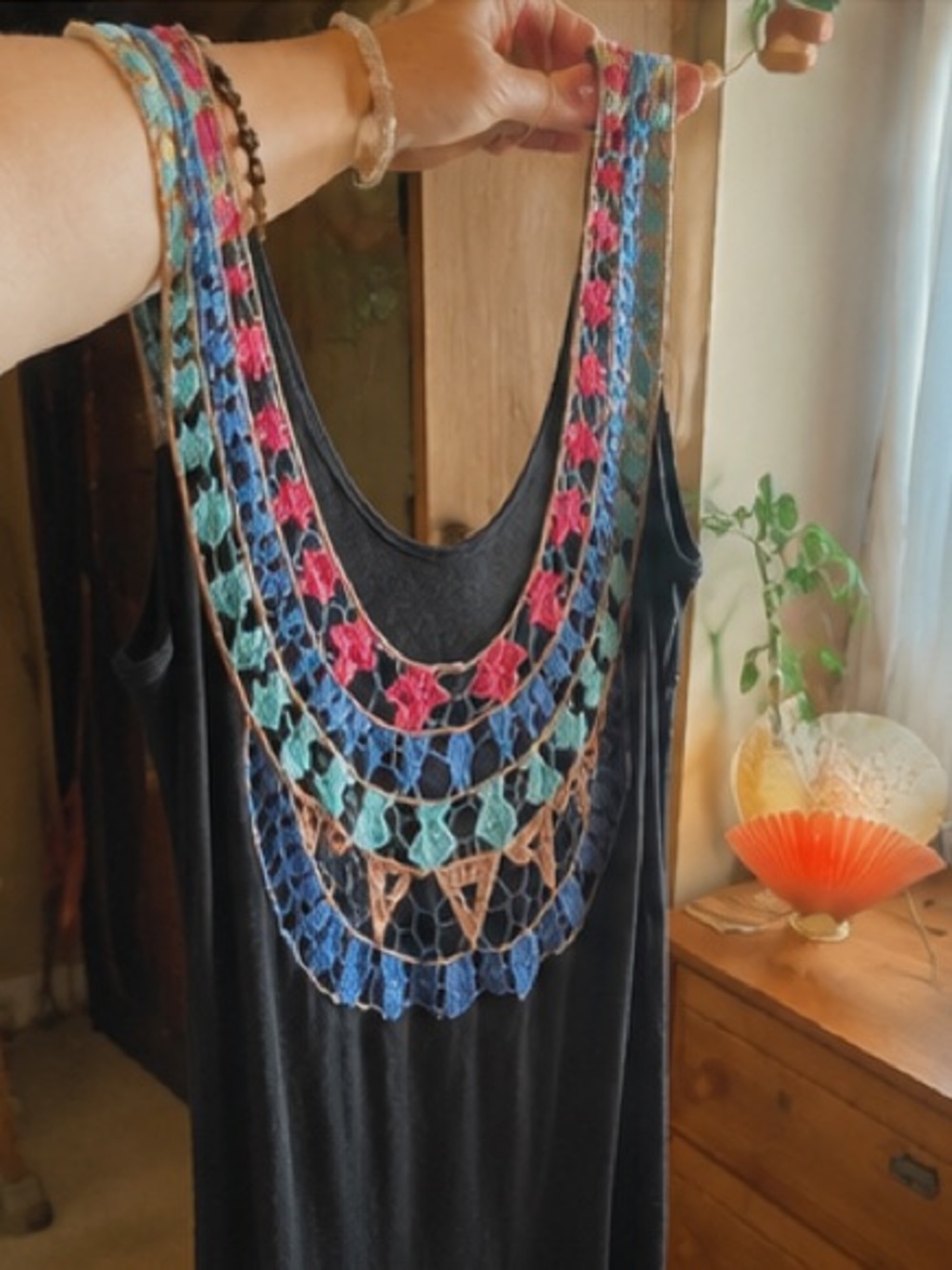 Vintage Black Maxi Dress Colorful Crochet Bib Neck Boho Festival S/M US 4 - US 6